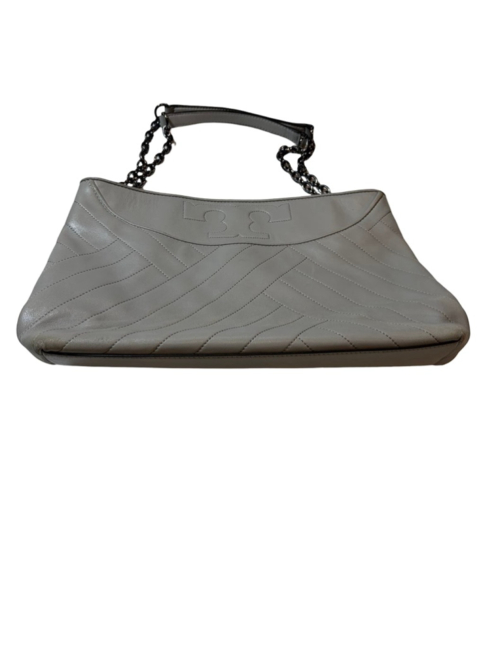Tory Burch Alexa Quilted Gray Leather Tote Chain Strap Shoulder Bag Large